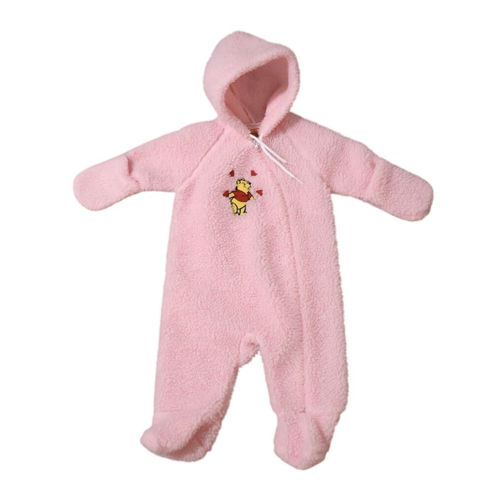 Vintage Disney Winnie the Pooh Hooded Pink Fleece Snow Suit One Piece 12M RARE